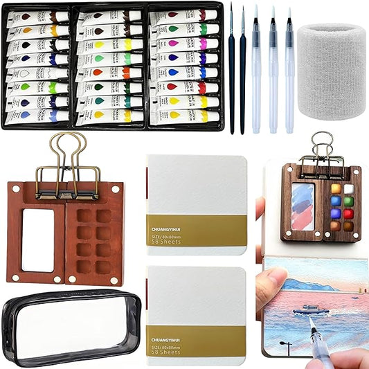 Mini Watercolor Set, Travel Watercolor Paint Set, Including 24 Watercolor Paints, Brushes, Sketchbook, And A binder Clip, Suitable For Adult Beginners, Artists, And Painting Enthusiasts