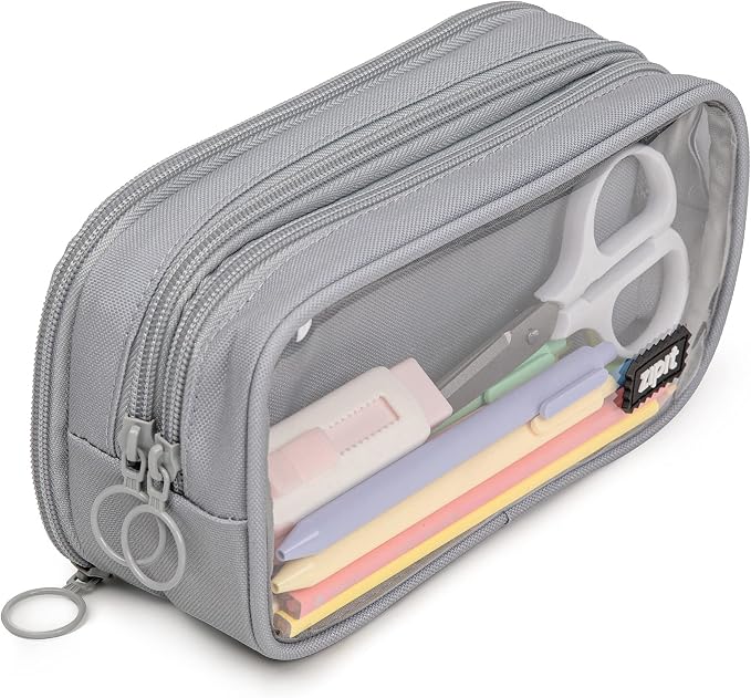 ZIPIT Half & Half Pencil Case, 3-Compartment Aesthetic Zipper Pouch, Grey | Clear-front pencil case for school, dedicated organizer panels, holds up to 70 pens & pencils, durable easy-care polyester