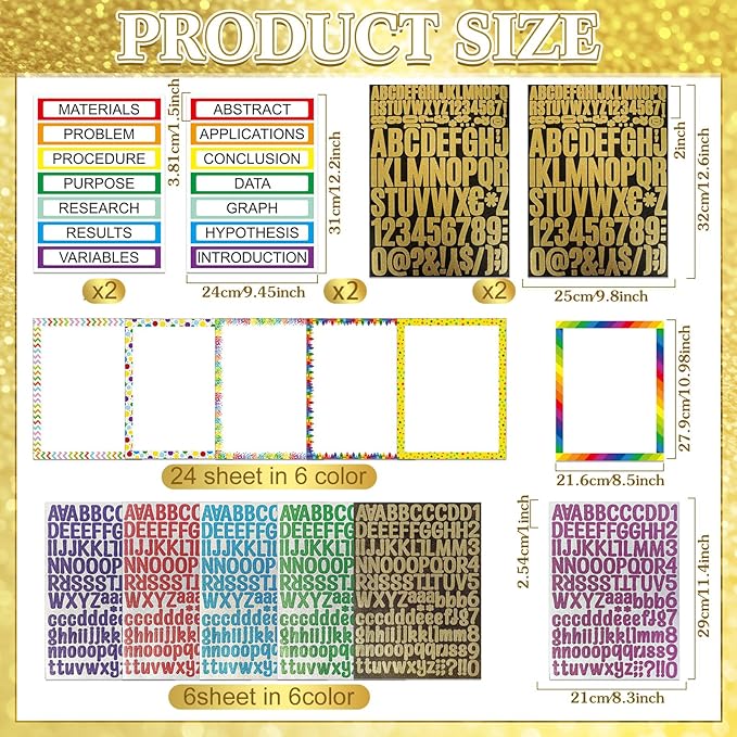 PerKoop 36 Sheets Science Fair Board Poster Boards Supplies 24 Self Adhesive Presentation Subtitles 4 Science Fair Project Titles 8 Personalized Letter Sticker for Classroom (Glitter Neon 1)
