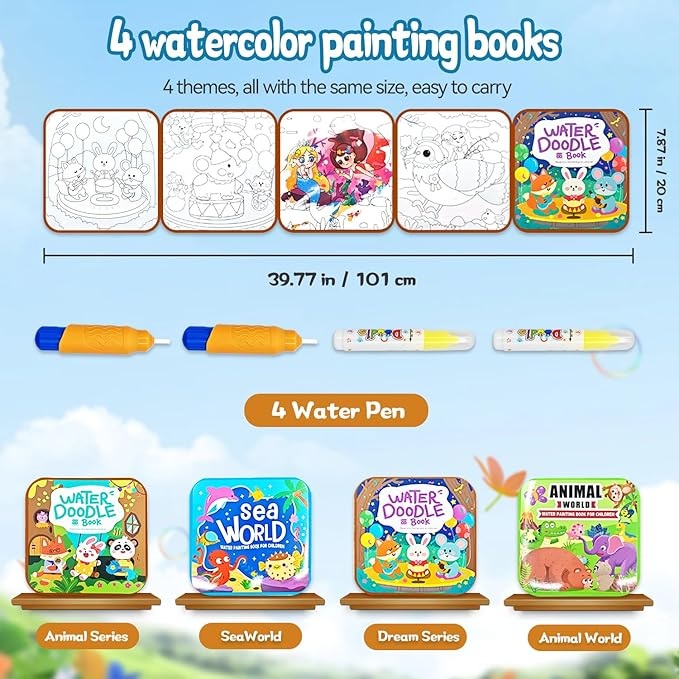 NaTuGi Reusable Magic Water Painting Books for Kids,Watercolor Workbook Coloring Books for Toddler,4 Themes,No Mess Paint Coloring,for Ages 3+ Gift for Boys & Girls Travel Activity Toys (4 Books)