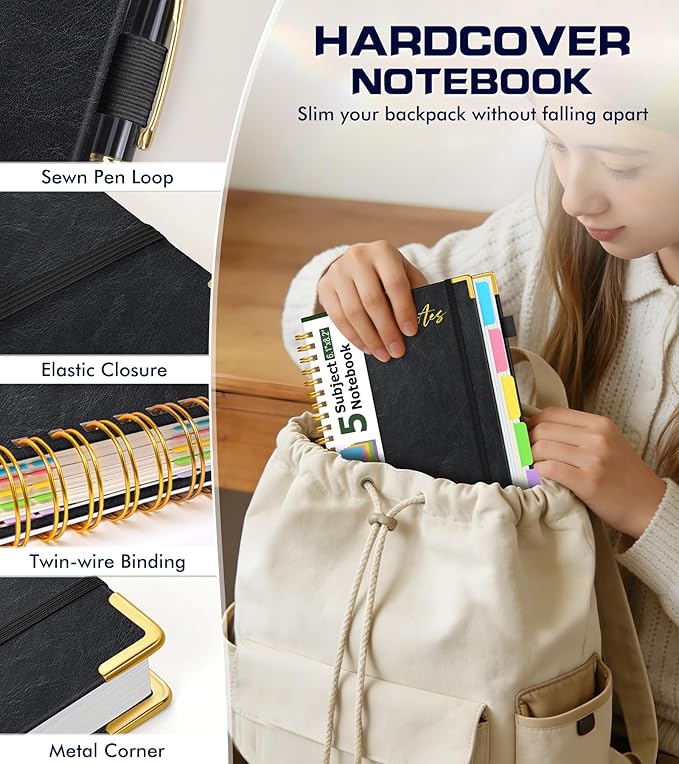 5 Subject Spiral Notebook Journal with Removable Dividers Tabs, 300 Pages Organizer Notebooks for Work School, A5 Hardcover Leather Notebook College Ruled, Lined Journal for Women Men，Black