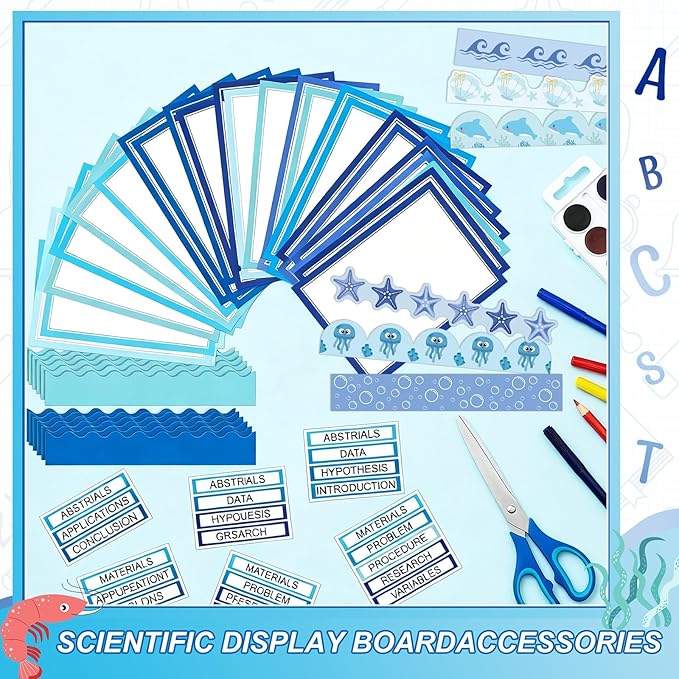 Fuyoooo 90 Pcs Science Fair Board Supplies 60 Trim Scalloped Bulletin Borders 24 Presentation Board Subtitles 6 Science Fair Titles for Classroom Display Boards (Ocean)
