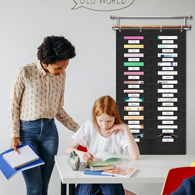 24 Pockets Heavy Duty Storage Chart, Hanging Wall File Organizer, Plus 4 Over Door Metal Hangers, 2 Markers & 24 Erasable Blank Cards, Organize Your Assignments, Files, Scrapbooks Papers (28” x 50.5”)