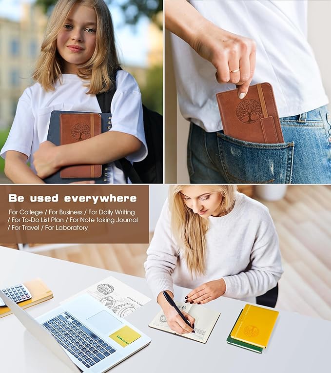 Biuwory Lined Pocket Journal Notebook for Women Men, 140 Pages A6 Leather Journals for Writing, Travel, Work, 3.7"×5.7" Mini Notebook, Hardcover Small Notebooks for Note Taking, Diary Notepad (Brown)