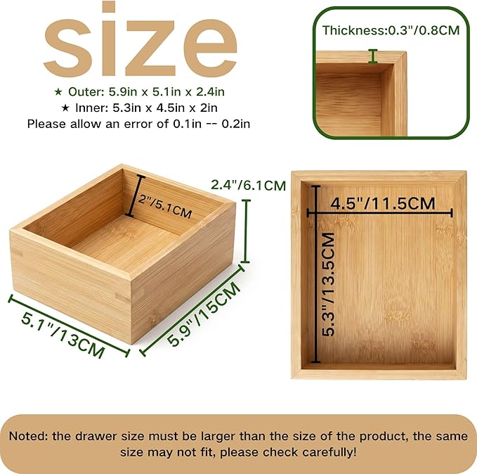 Bamboo Drawer Organizer Tray for Makeup, Jewelry, Office Supplies & Bathroom Essentials, Small Wooden Storage Bin for Vanity, Desk & Kitchen Drawers, 5.9 x 5.1 x 2.4 Inch