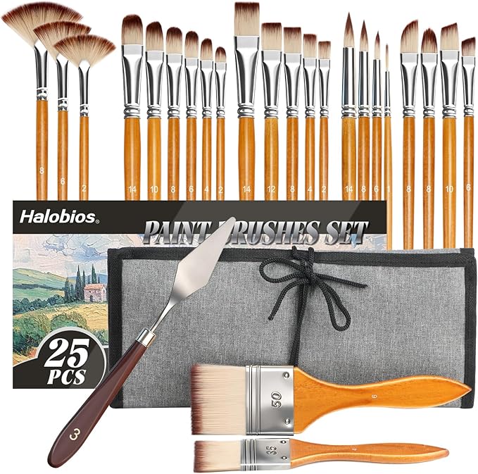 Halobios 25pcs Paint Brush Set, Professional Paint Brushes with Canvas Roll and Palette Knife, Acrylic Paintbrush Kit for Artist,Watercolor,Oil,Gouache