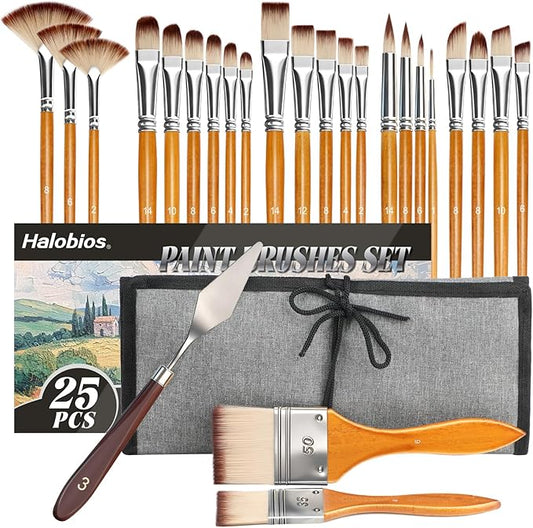 Halobios 25pcs Paint Brush Set, Professional Paint Brushes with Canvas Roll and Palette Knife, Acrylic Paintbrush Kit for Artist,Watercolor,Oil,Gouache