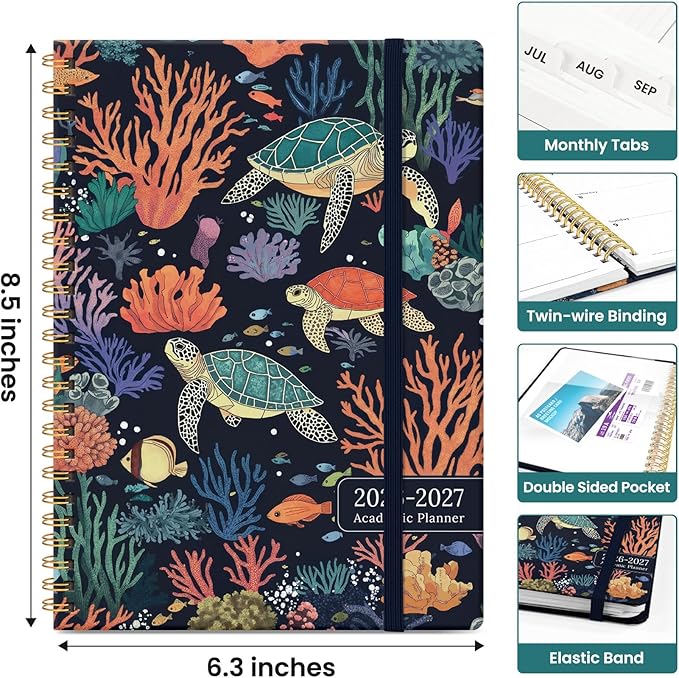 Planner 2026–2027, Academic Monthly Weekly Spiral Calendar, July 2026 – June 2027, Hardcover Agenda Notebook with Tabs, 6.3" x 8.5", Perfect for Students, Teachers, School & Daily Planning - Turtle Meeting