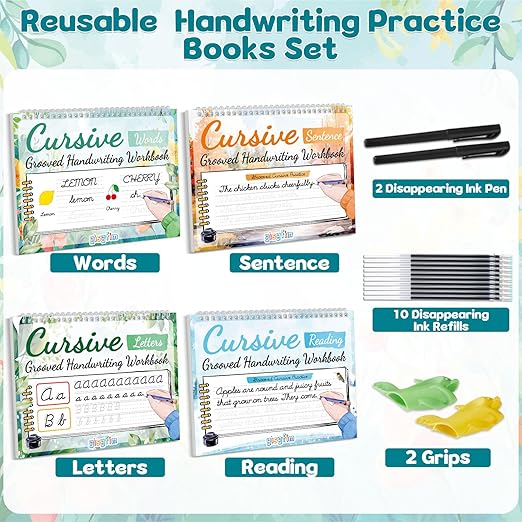 gisgfim 4 Pack Grooved Cursive Handwriting Workbook Kit Magic Reusable Grooved Handwriting Practice with Disappearing Ink Pens Cursive Kickoff Student Workbook for Kids Words Letters Sentences Reading