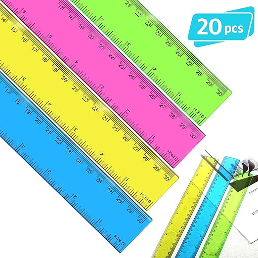 EBOOT 20 Pack Plastic Ruler 12 Inch Straight Flexible Ruler with Inches and Metric for School Classroom, Home, or Office (Blue,Pink,Green,Yellow)