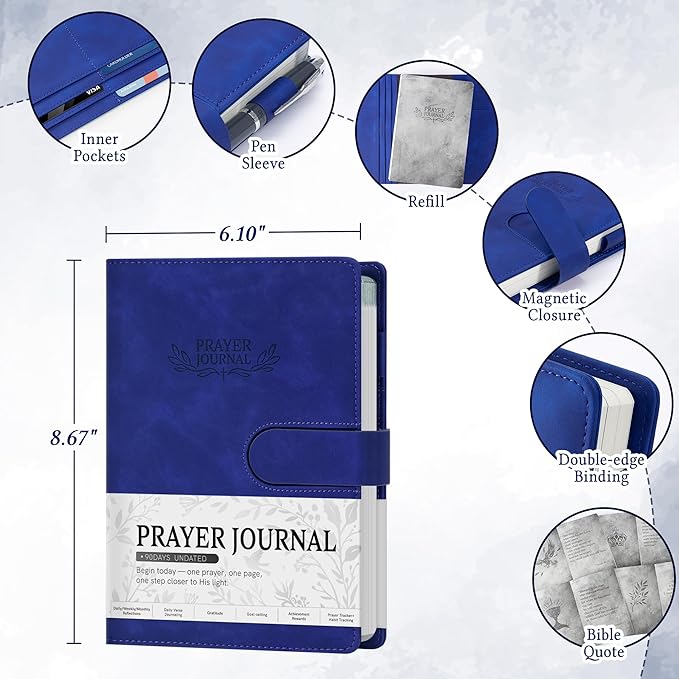 Ospelelf Blue Christian Bible Journal for Men, Faux Leather Daily Gratitude Prayer Journal for Women, Undated 3 Month Church Planner Notebooks for Note Taking