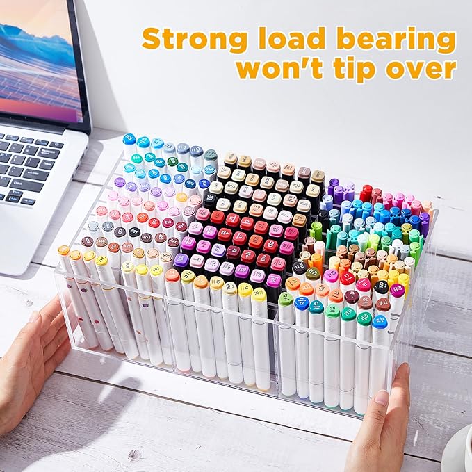 MotiMind Acrylic Marker Organizer for 189 Marker, Large Art Pencil Holder Storage Rack for Desk, Pens Art Brushes Display Stand with 27 Compartments for Desktop, Office (clear, 189 Capacity)
