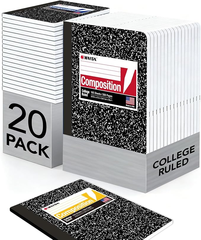 KAISA Composition Notebooks 100Sheets Comp Book, College Ruled, 9.75x7.5inch, Classic Marble Primary Composition Notebook, 20Pads, C10001C