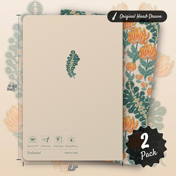 Stitched Composition Notebooks 2-Pack with Unique Art Designed Cover, A5 Lined Diary (8.2"L*5.5"W), Lay Flat Design, Thicked Paper Writes Smoothly for School and Office (Chrysanthemum)