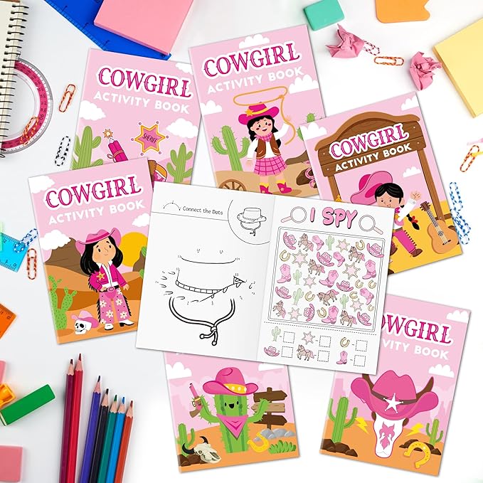 JAPBOR Cowgirl Activity Coloring Books - 24PCS Mini Western Theme Activities Color Book Bulk for Kids Party Favor, Wild West Hat Boot Cactus Colour Pages for Birthday Gifts Class Drawing Painting Game