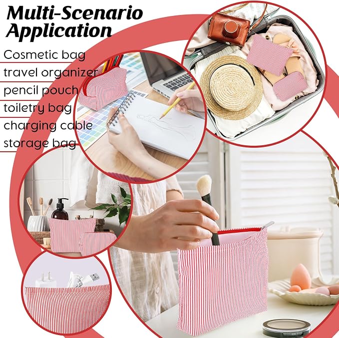 Huhumy 2 Pcs Makeup Bag Set for Women, Red, Thin Striped Seersucker | Cute Cosmetic Pouch Women Travel Toiletry Bag Preppy Small Makeup Purse Pouch Aesthetic Skincare Brushes Storage Organizer