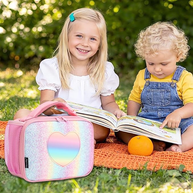 FlowFly Kids Lunch box Insulated Soft Bag Mini Cooler Back to School Thermal Meal Tote Kit for Girls, Boys, Glitter-RainBow