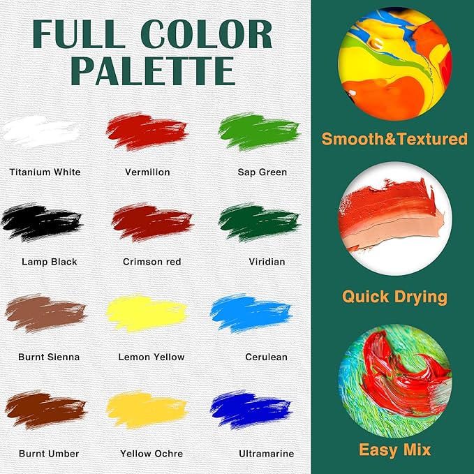 ESRICH Acrylic Paint Set,Paint Set with 10 Paint Brushes12 Color 12ml Acrylic Paint,1 Palettes and 4 Pcs Canvas for Students, Artists and Beginner Art Supplies