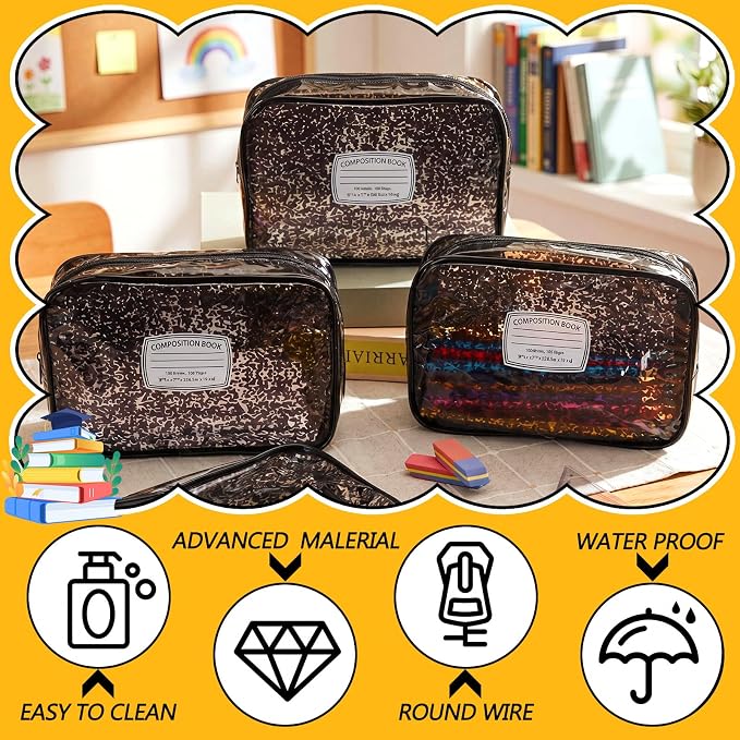 Suclain 12 Pack Back to School Teacher Gift, Teacher Survival Kit Bag, Composition Book Zipper Cosmetic Pouches, Transparent PVC Waterproof Pencil Case Toiletry Makeup Bag for School Supplies, Travel