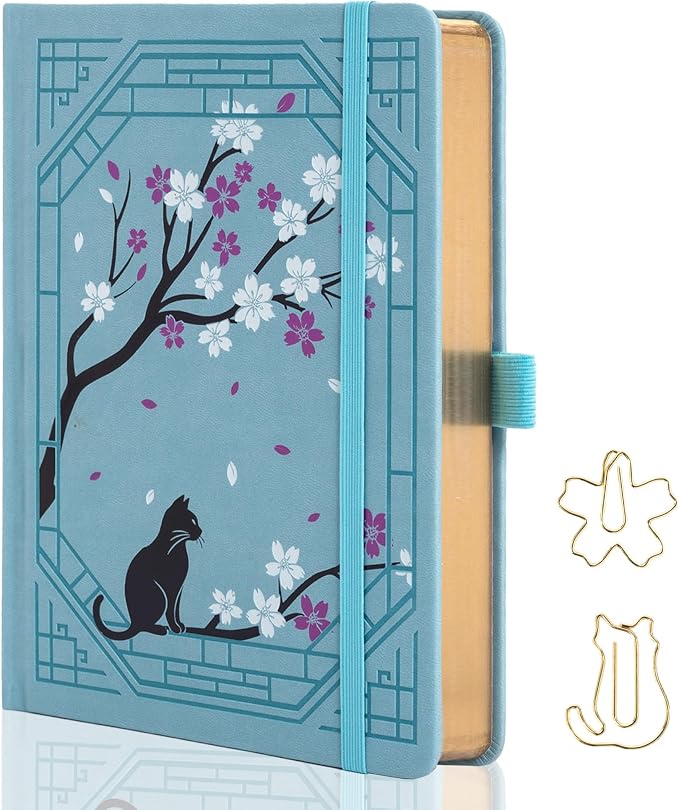 TIEFOSSI A5 Lined Journal, Cute Cat Journal for Women Girls, College Ruled Notebook with Pretty Sakura Pattern, Aesthetic Diary for Writing Journaling Drawing, Golden Edges