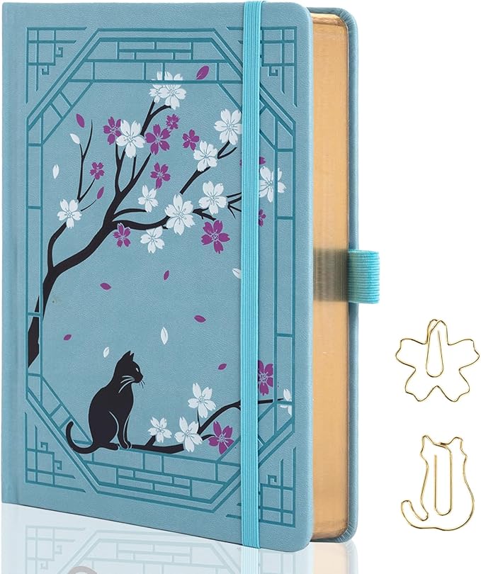 TIEFOSSI A5 Dotted Journal, Cute Cat Journal for Women Girls, Dot Notebook with Pretty Sakura Pattern, Aesthetic Diary for Writing Journaling Drawing, Golden Edges