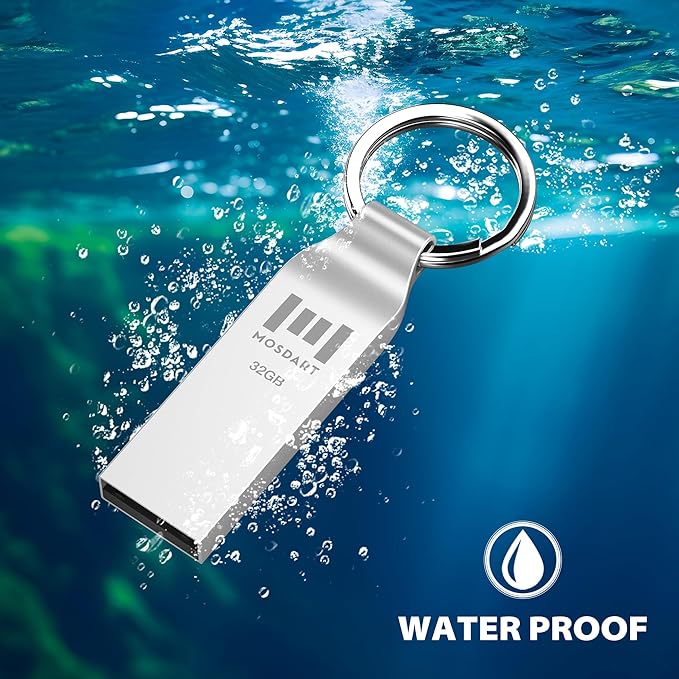 MOSDART Waterproof 32GB USB2.0 Flash Drive, FAT32 Metal Memory Stick with Keychain, for System Back, Data Storage, Silver