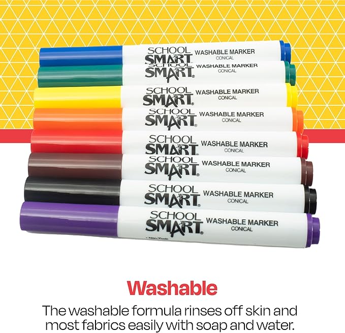 School Smart Conical Tip Washable Markers for School, Home, and More, Assorted Colors, Pack of 8