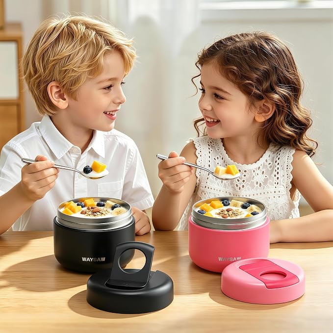 14 oz Kids Thermo for Hot Food, Leakproof Insulated Vacuum Jar/Black | 316 stainless steel wide mouth buckle lid BPA free pasta soup small hand friendlly keep food hot and cold school lunch picnic
