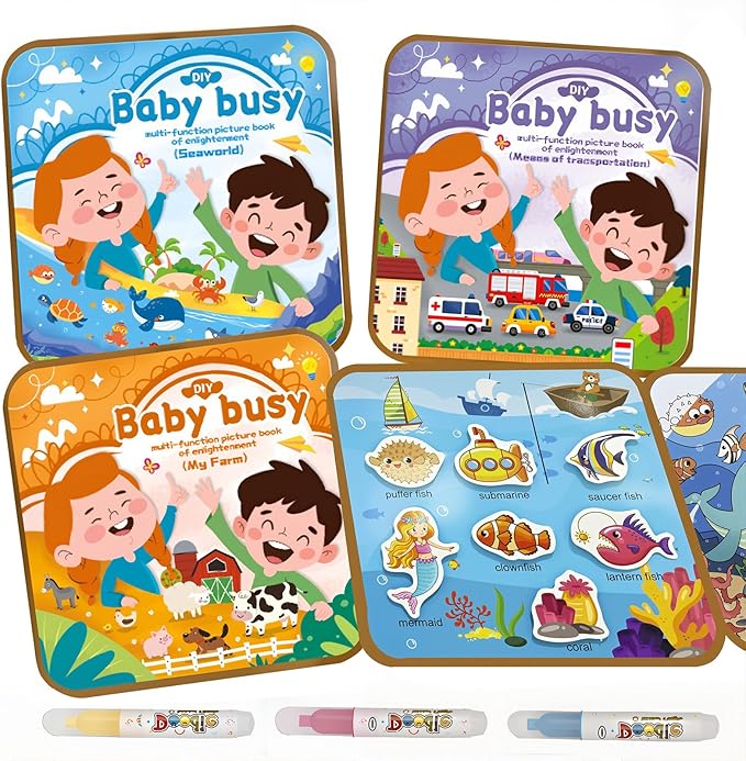 Double-Sided Magical Water Coloring Book for Kids, Reusable Quiet Water Reveal Activity Book with Water Pen, Creative DIY Water Drawing Painting Sticker Busy Books for 3 +Year Old Boys Girls Toddlers