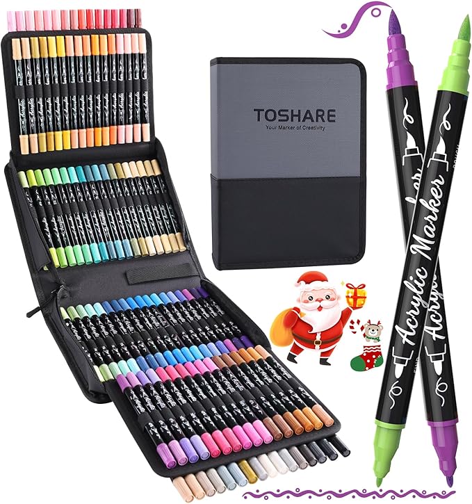 TOSHARE 100 Colors Acrylic Paint Markers, Brush & Fine Dual Tip Acrylic Paint Pens for Rock, Wood, Paper, Fabric, Canvas, Glass, Ceramic, Egg, Scrapbook and DIY Crafts Supplies Art Gifts