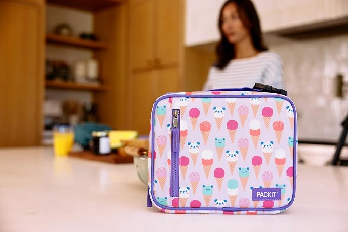 PackIt Freezable Classic Lunch Box, Ice Cream Critters | Built-in ice packs, EcoFreeze+ Technology, Zip Closure, Zip front pocket, Side-release buckle handle, Collapsible, Reusable