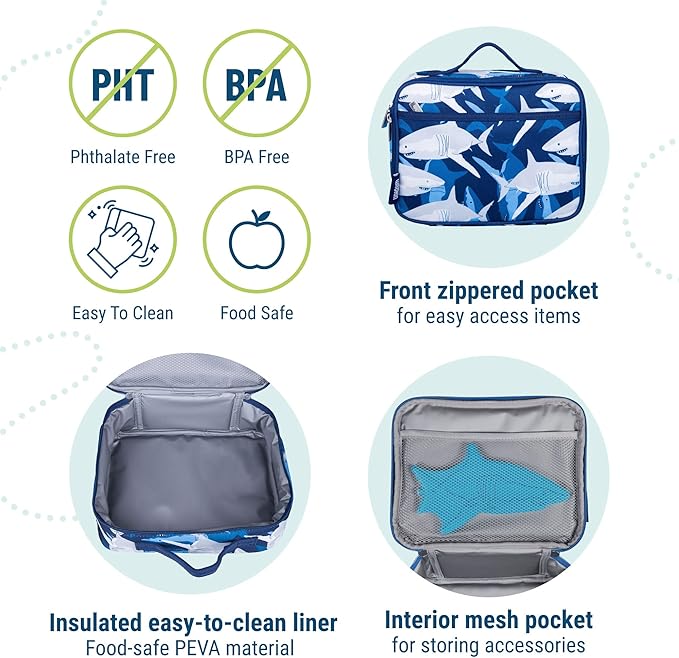 Wildkin Kids Insulated Lunch Box, Keeps Food Hot or Cold, BPA-Free with Mesh Pockets & Easy-Clean Lining – Ideal for School, Travel & Daycare – Sharks
