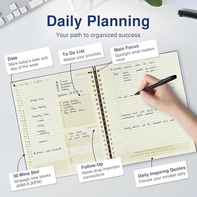 AUROPLANNER Undated Daily Planner To Do List Hourly Schedule 2027 2026 2025 Calendar & Holiday Habit Tracker 180 Pages Letter Size 8.5" x 11" Sheets Hardcover Spiral Bound Notebook (Purple Indigo)