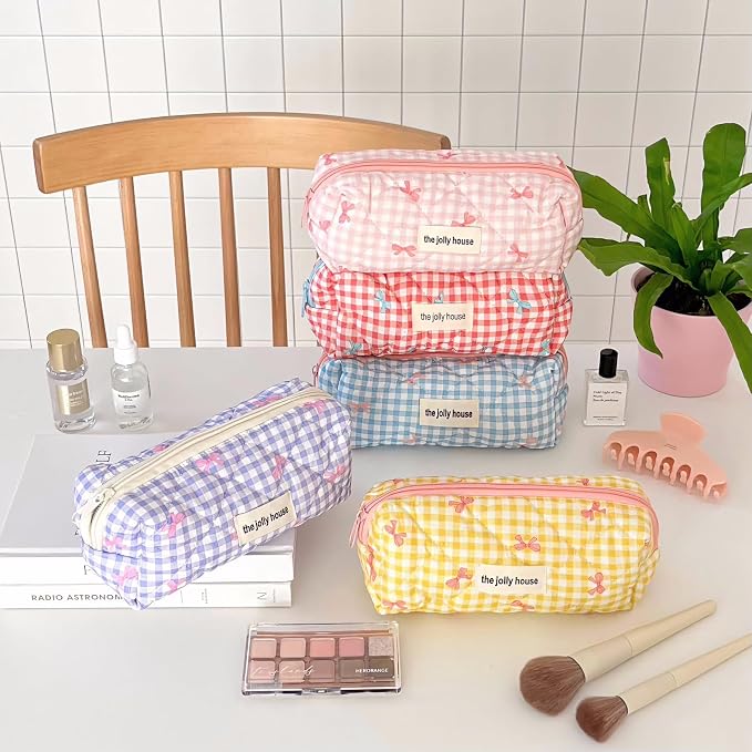 Carry bloom Pencil Pouch Cute Pencil Case for Girls Aesthetic Pencil Bag with Zipper Pen Cases School Supplies Makeup Bag (Checkered bow red)