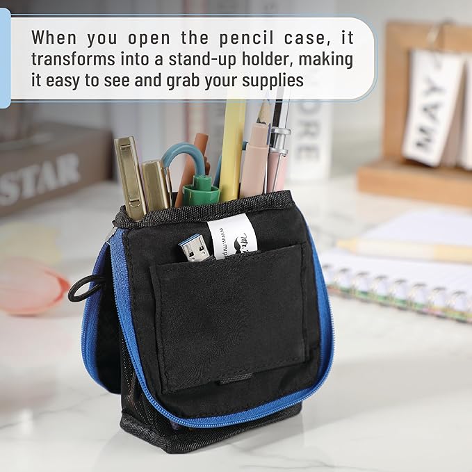 Mr. Pen- Standing Pencil Case Pouch, Sit & Lay Mesh-View Design, Black with Blue Zipper, Interior Pocket & 2 Elastic Binder Loops, Cute Pencil Case for Girls and Boys