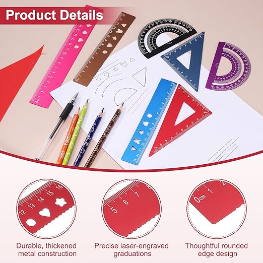 PATIKIL 8Pcs Geometry Drafting Tool, Aluminum Alloy Geometry Kit Math Tool Includes 20cm Ruler Protractor Triangles for Drafting Angle Measure Simple Science Experiment, Red