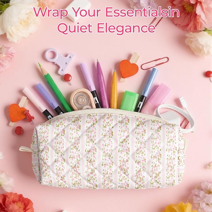 Cute Quilted Pencil Case for Girls Women, Aesthetic Small Floral Pencil Pouch,Slim Soft Pencil Bag for School Supplies Makeup Pouch for School & Daily Use (Floral Stripes)