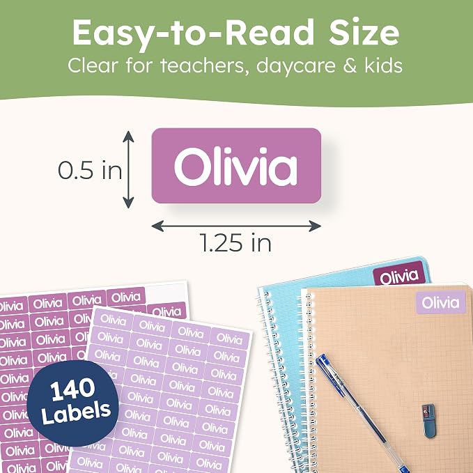 Personalized Universal Name Labels for Kids & Adults - Purple [140pcs] - Waterproof Name Stickers for School, Daycare & Clothes - Item & Supplies Name Stickers - Custom Stick On Labels