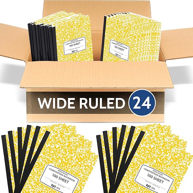 24 Pack - EPI Wide Ruled Marble Composition Notebook - Yellow 200 Page Note Book - 9.75 x 7.5 Inch Hardcover Journal with Sewn Binding for Secure Pages - Classroom Back to School Supplies