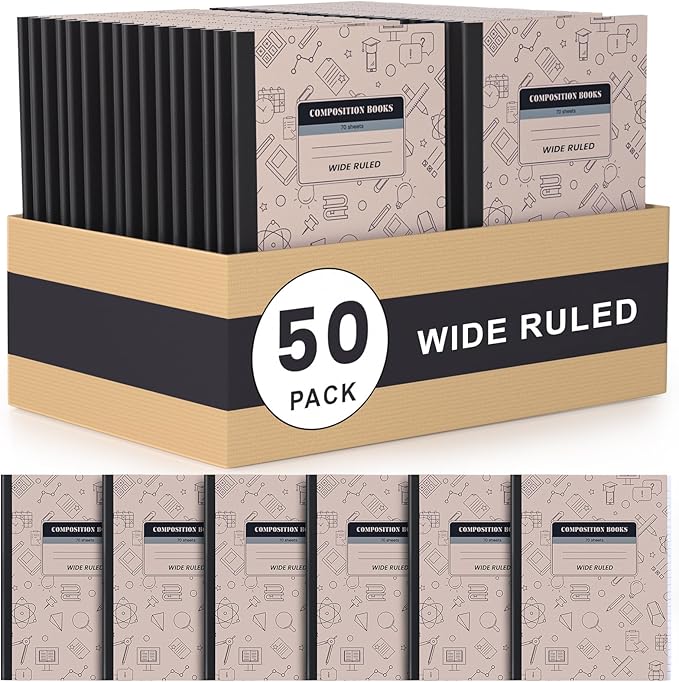 Oucaru Composition Notebook 50 Pack Bulk Wide Ruled, Brown Cover Notebooks for School, 70 Sheets 7-1/2"x9-3/4, Back to School Supplies Journal for K-12 Students