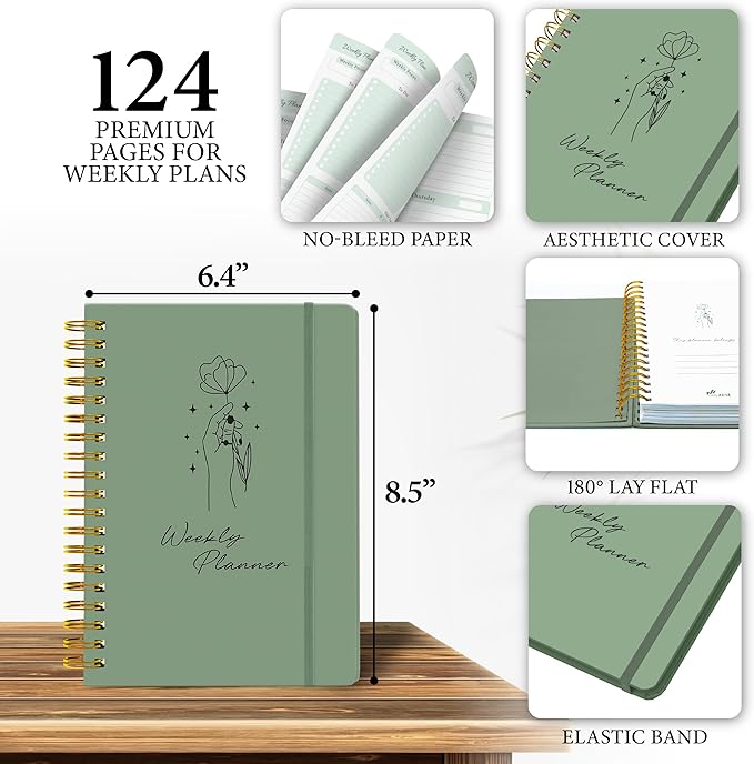Undated Weekly Planner & Notebook for Work, School & Home - Aesthetic Hardcover Spiral Blank Planner with Habit Tracker, Goal Organizer & To Do List - 124 No-Bleed Pages, 6.4×8.5", Green