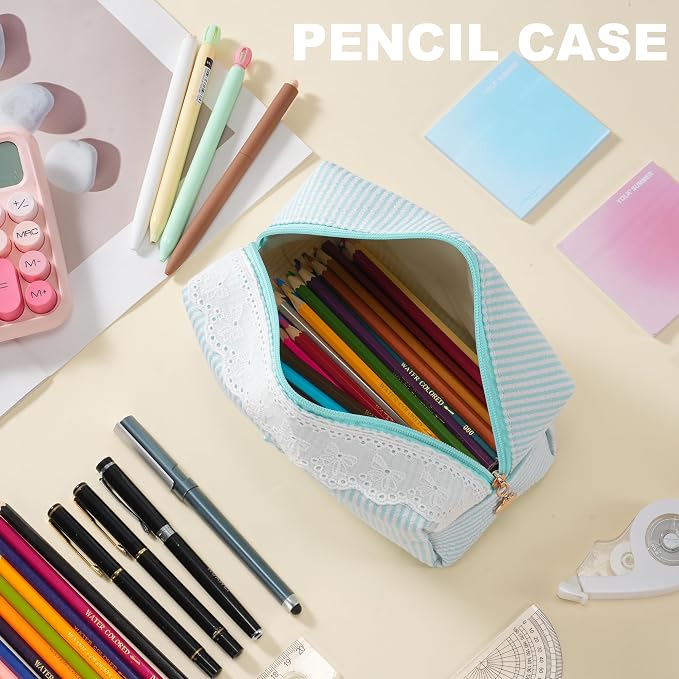 Makeup Bag Travel Toiletry Bag for Women, Small Cosmetic Bags with Lace Trim Cute Green Stripe Aesthetic Organizer Makeup Pouch for Purse Emergency Bag Pencil Case Accessory Bag
