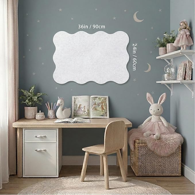 Scalloped Bulletin Board, 36x24 Scalloped Felt Bulletin Board, 3' by 2' Trifold Foldable Picture Display with 20 Pins & 5 Cute Decors - White