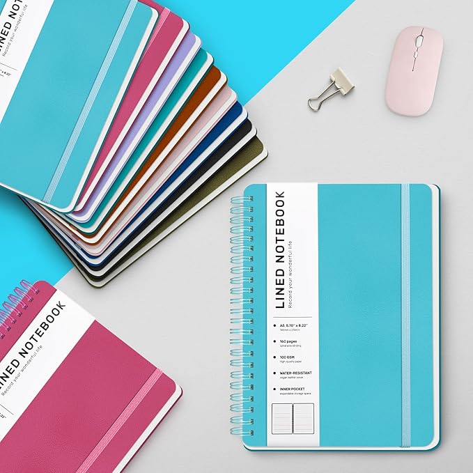 Lined Spiral Journal Notebook with 160 Pages, 8×5.7in, A5 Spiral Notebook, Journaling Notebooks for Work, School, Women, Men, College Ruled Spiral Notebook, Hardcover Leather Journals, Light Blue
