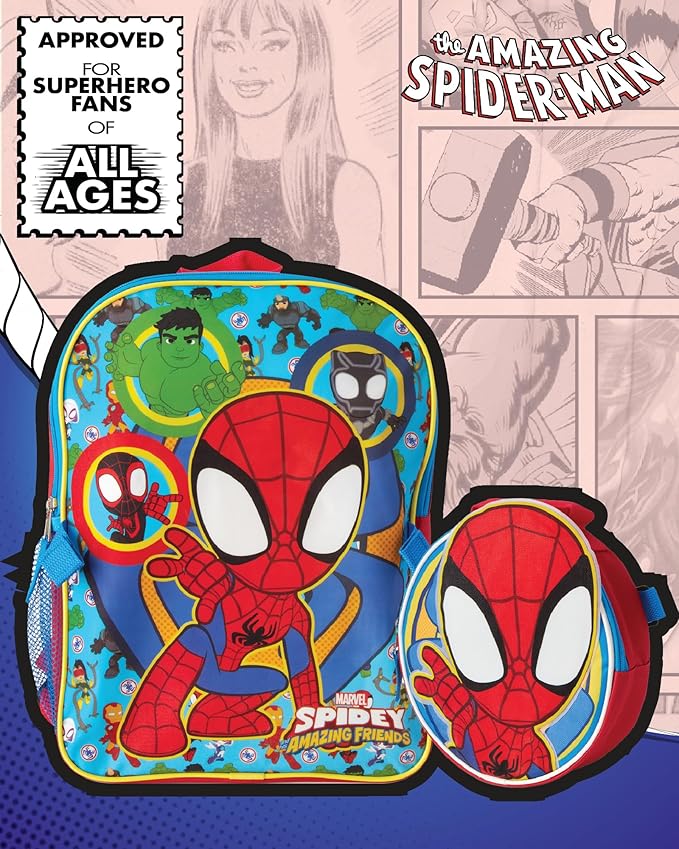 Fast Forward Spiderman Boys Backpack and Lunch Box Set - 14 Inch Schoolbag Backpack with Lunch Box for Preschool Kindergarten, Spidey Red/Blue