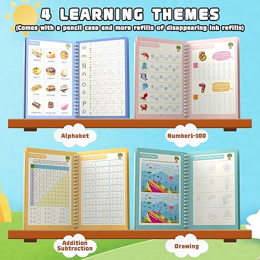 Grooved - 4 children's magic copybooks, Four-in-one pink pencil case set, magic grooved writing practice for kids, magic disappearing writing practice, grooved handwriting practice for kids.