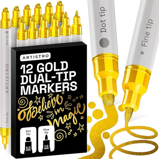 ARTISTRO 12 Gold Precision Dual-Tip Acrylic Paint Markers – Paint Pens Set with Dot & Fine Tips for Fabric, Rock, Glass, Wood, Coloring Books – Classroom & Art Supplies Gift Teacher Appreciation Gift