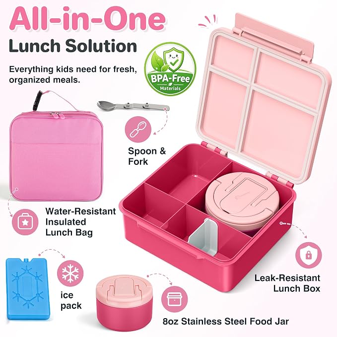 Bento Lunch Box with 8oz Soup Thermo,Kids Leakproof 4 Compartment Lunch Food Containers with Sauce Cup and Ice Pack,Kids Thermo Insulated Hot Food Jar and Lunch Bag for School,Trvael-Pink