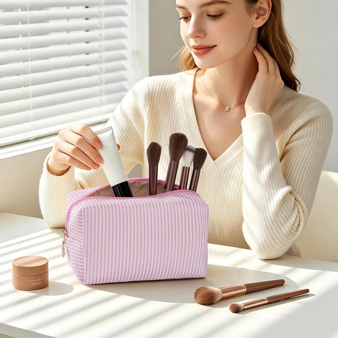 Makeup Bag Travel Toiletry Bag for Women, Small Cosmetic Bags Cute Pink Stripe Aesthetic Organizer Makeup Pouch for Purse Emergency Bag Pencil Case Accessory Bag