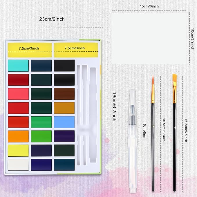 24 Colors Large Block Watercolor Paint Set for Watercolors Workbook, Portable Water Colors Paint Kit with 2 Paintbrushes 1 Waterbrush, for Adult Painting Beginners & Professional Amateur Hobbyists